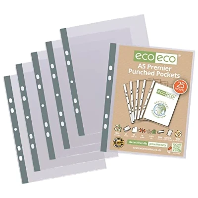 Image of eco A5 100% Recycled Premier Multi Punched Pockets Glass Clear, Transparent Poly Wallet Sheet Protector, 90 Microns (Pack of 25)