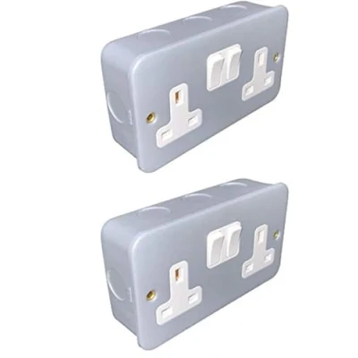 Image of Axiom 13A Double White Switched Socket &amp; Surface Mount 25mm Pattress Box 2 Gang Set Electrical Outlets (5)