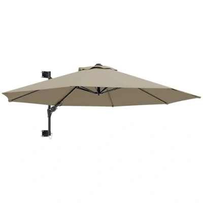 Image of Outsunny 3 M Wall Mounted Garden Parasol Umbrella with Rotate, Outdoor Market Sun Shade Canopy 8 Ribs, Khaki