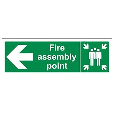 Image of V Safety Fire Assembly Point Arrow Left Sign Landscape 450mm x 150mm 2mm Rigid Plastic