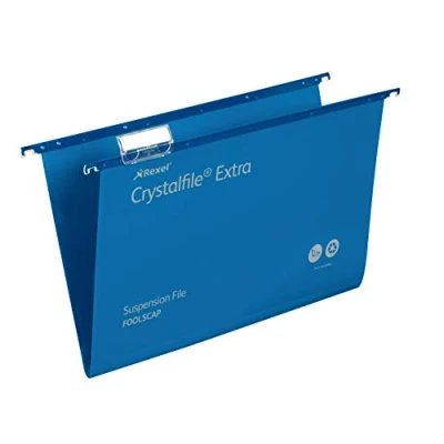 Image of Rexel Foolscap Heavy Duty Suspension Files with Tabs and Inserts for Filing Cabinets, 15 mm base, Polypropylene, Blue, Crystalfile Extra, Pack of 25, 70630