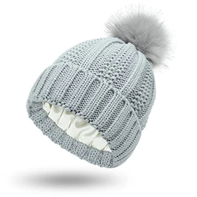 Image of Women Knitted Beanie with Satin Lining Pom Winter Warm Cap Bobble Hat (Grey)