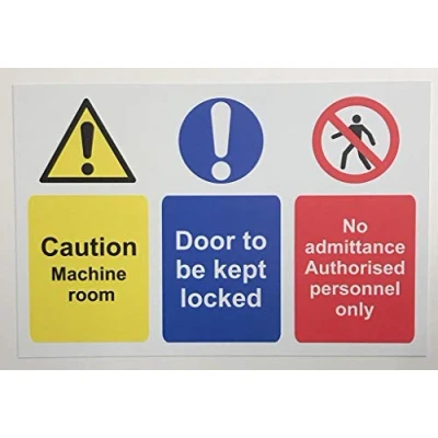 Image of Caution machine room, Door to be locked, No admittance authorised personnel only safety sign 1.2mm Rigid plastic 400mm x 300mm