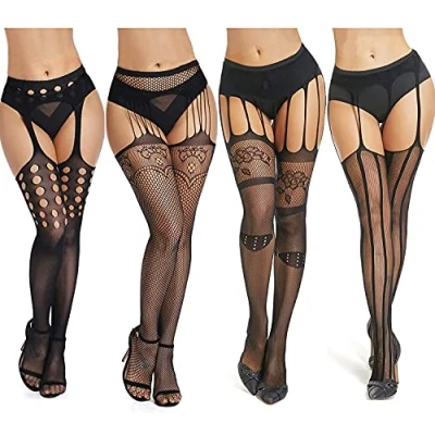 Image of DRESHOW 4 Pairs High Waist Tights Fishnet Stockings Thigh Pantyhose