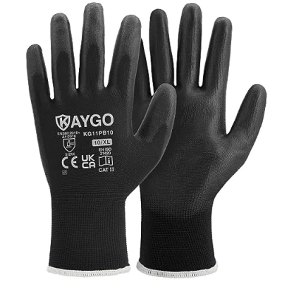 Image of KAYGO Work Gloves PU Coated 12 Pairs, KG11PB, Black Safety Working with Secure Grip on Palm &amp; Fingers, for Men and Women, Ideal General Duty Work, Gardening(X Large, Black)