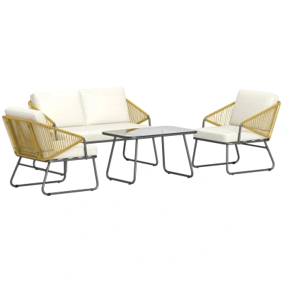 Image of Outsunny 4 Piece Rattan Garden Furniture Set, Wicker Patio Outdoor Set with Loveseat, Armchairs, Glass Top Coffee Table and Cushions for Patio, Conservatory, Balcony, Natural Wood Finish
