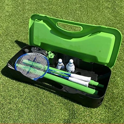 Image of 2021 Sure Shot Quick Fit 5m Senior Garden Badminton 2 Racket Set in a Solid Green Carrier Box