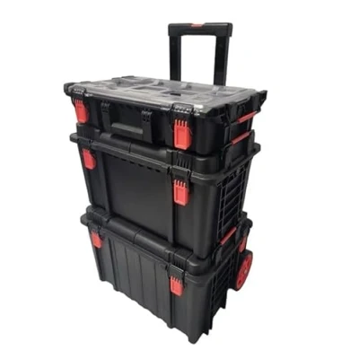 Image of Challenger Pro Stack Modular Tool Box Set 3 Stackable Cases With Wheels And Telescopic Handle Power Box, Protective Storage Transport Of Tools Accessories