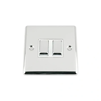 Image of Light Switch 2 Gang Polished Chrome Classic White Insert Metal Rocker Switches 10A Double Way