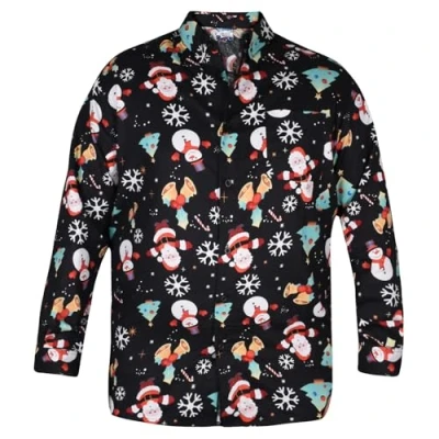 Image of True Face Mens Christmas Shirt Xmas Printed Long Sleeve Fancy Shirts Button Down Cotton Novelty Snowman Santa Bell Collared Casual Event Festive Holiday Party Top Black M