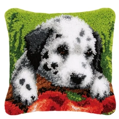 Image of CAIRF White Puppy Pattern C Latch Hook Pillow Case Kits Embroidery DIY Cover Sofa Cushion Kit for Starters Adults or Children, 43 X cm
