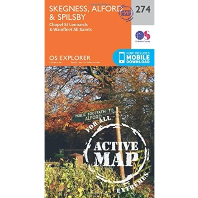 Image of Skegness, Alford &amp; Spilsby Map Weatherproof Chapel St Leonards Wainfleet All Saints Ordnance Survey OS Explorer Active 274 England Walks Hiking Maps Adventure
