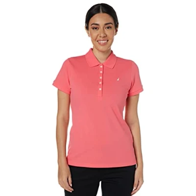 Image of Nautica Women&#039;s 5 Button Short Sleeve Breathable 100% Cotton Polo Shirt, Melon Pink, S