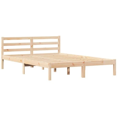 Image of vidaXL Bed Frame with Headboard Solid Pine Wood, 140x210 cm, Beige, Minimalist Design, Bedroom Furniture