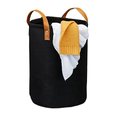 Image of Relaxdays Felt Laundry Hamper, PU Leather Handles, 28 L Storage Basket, Bathroom, HxD 45x30 cm, Black, Pack of 1