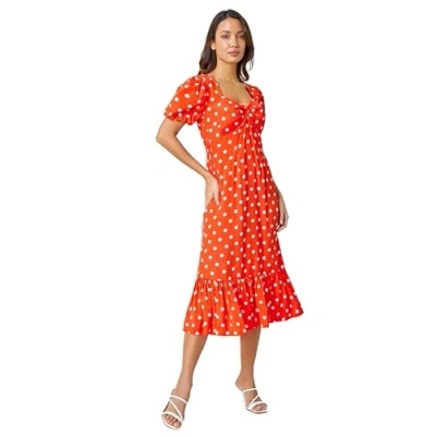 Image of Roman Originals Fit and Flare Dress for Women Ladies Chest Knot Ruched Tea Skater V Neck Formal Occasion Wedding Guest Smart Casual Everyday Wear Swing Midi Knee Length Red &amp; White Size 10