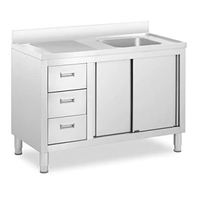 Image of Royal Catering RC IKS10 Commercial Kitchen Sink 1 Basin Stainless Steel 400 x 300 mm Free Standing (Stainless Steel, Basin, Adjustable Feet, Cabinet, Drawers)