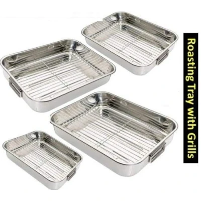 Image of Prima 4PC Stainless Steel Roasting Tray Set with Grill Racks