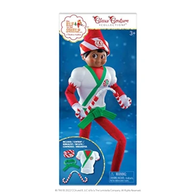 Image of the Elf on Shelf Karate Kicks Clothes Set Help Your Scout Serve up Polar Punches Accessories Include Jolly Bandana, Plastic Muscle Chest Piece with Belt and Peppermint Nunchucks