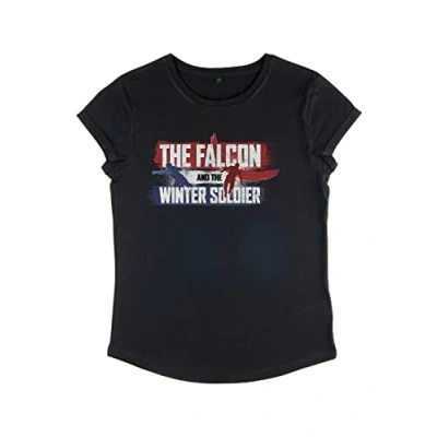 Image of Marvel Women&#039;s The Falcon and Winter Soldier Spray Paint Rolled Sleeve T Shirt, Black, M