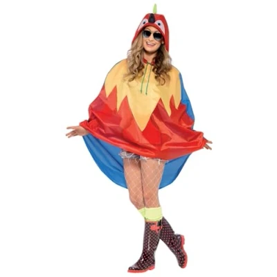 Image of Smiffys Parrot Party Poncho, Red with Drawstring Bag, Poncho Fancy Dress, Animal Dress Up Costumes