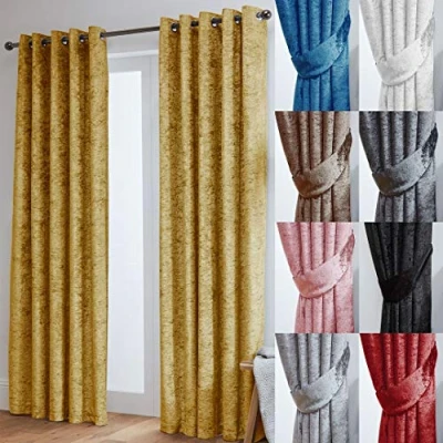 Image of John Aird Crushed Velvet Fully Lined Eyelet Curtains (Ochre, 66&quot; Wide x 72&quot; Drop)