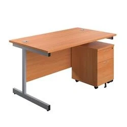 Image of 1600X800 Rectangular Desk Beech Silver &amp; 2 Drawer Pedestal Bundle