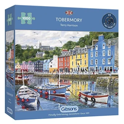 Image of Tobermory 1000 Piece Jigsaw Puzzle Colourful Scottish Coast Sustainable for Adults Premium 100% Recycled Board Great Gift Gibsons Games