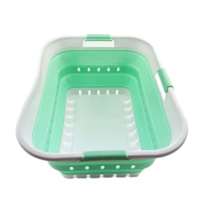Image of SAMMART 42L Collapsible Plastic Laundry Basket Foldable Pop Up Storage Container/Organizer Portable Washing Tub Space Saving Hamper/Basket (White/Pale Jade)