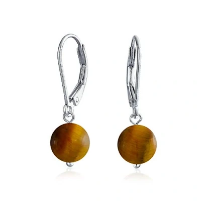 Image of Simple Plain Basic Round Brown Tiger Eye Bead Drop Ball Dangle Lever back Earrings For Women .925 Sterling Silver