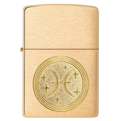 Image of Zippo Windproof Lighter Pisces Emblem Brushed Brass Finish Refillable for Lifetime Use Adjustable Flame Gift Box Metal Construction Made in USA
