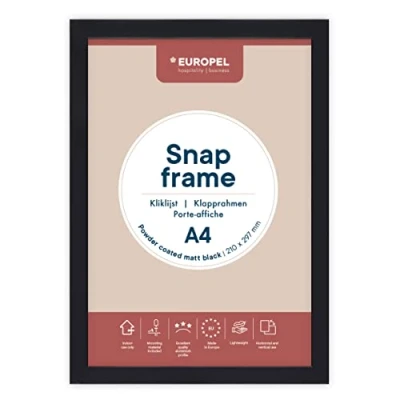 Image of EUROPEL lightweight Snap frame A4, matt black powder coated finish, Profile 25x11 mm, Anodized aluminum, anti reflective protector, External dimensions 241x328 Grey polystyrene back