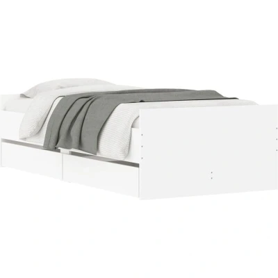 Image of vidaXL White Engineered Wood Single Bed Frame 90x200 cm with Plywood Slats and Built in Drawers for Bedroom Mattress Foundation Storage