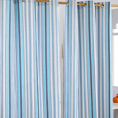Image of HOMESCAPES New England Stripes Blue Navy White Eyelet Curtain Pair 137cm (54&quot;) Wide x 182cm (72&quot;) Drop 100% Cotton Ring Top Striped Curtains