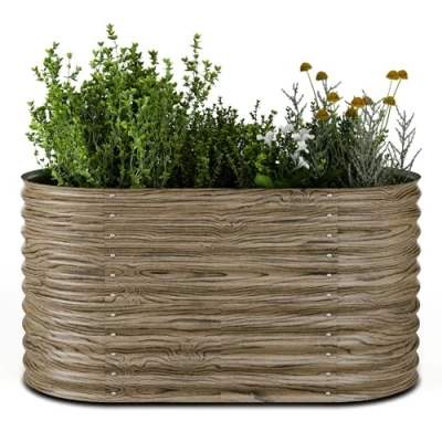 Image of Blumfeldt High Grow Raised Garden Bed, 913L Oval Planter in Weatherproof Galvanised Steel with Wood Look for Flowers, Herbs &amp; Vegetables