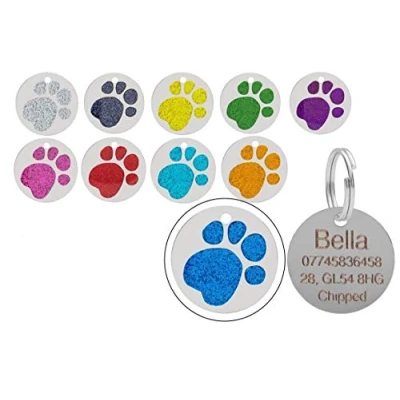 Image of JK Personalised Engraved Round Glitter Paw Print Dog/Cat Pet ID Tag Small/Large (36mm Extra Large, Blue)