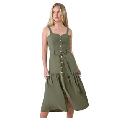 Image of Roman Petite Button Front Tiered Midi Dress for Women UK Ladies Everyday Holiday Spring Summer Sweetheart Neckline Comfy Soft Evening Vacation Work Party Khaki Size 18