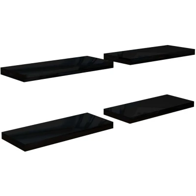 Image of vidaXL Floating Wall Shelves Set of 4, High Gloss Black, Modern Design, Durable Honeycomb MDF and Metal Material, Invisible Mounting System, Easy to Install
