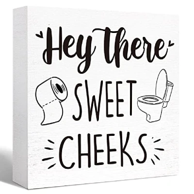 Image of Funny Bathroom Wood Sign Hey There Sweet Cheeks Block for Shelf Toilet Restroom Home Tabletop Desk Decor,Farmhouse Wooden Box 5x5 Inch