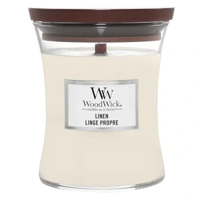 Image of WoodWick Scented Candle with Crackling Wick, Linen Medium Hourglass Candle, Long Burning Candles: Up to 60 Hours, Perfect Christmas Gifts for Women