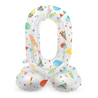 Image of Folat 63960 Standing 0 Joyful Party White with Gifts 72 cm Birthday Decoration, Balloon Number, No Helium Required, Multicoloured, Standard Size