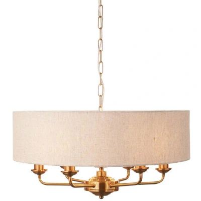 Image of Highclere Multi Arm Pendant Ceiling Light Vintage Brass, Natural Linen, 6x E14
