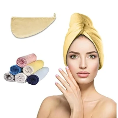 Image of Adon 100% Cotton Turbie Hair Drying Towel Wrap for Women &amp; Men Large Curly Long Thick Hair, Water Absorbent Quick Dry Anti Frizz Turban (Yellow)