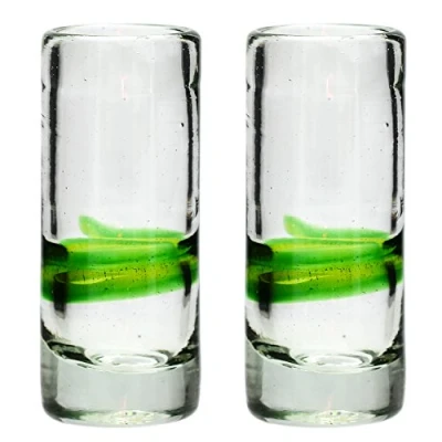 Image of Tumia LAC Shot or tequila glass, blended green set of 2, hand blown from recycled glass fair trade and handmade in Mexico