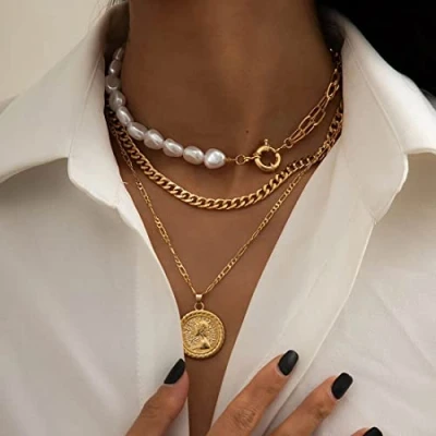 Image of Cubahop Layered Pearl Choker Necklaces Collar Beauty Pendant Necklace Chain Jewelry for Women and Girls (Gold)