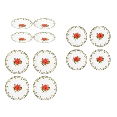 Image of Harvey &amp; Mason Christmas Holly Dinner Set 12pc Porcelain Bowls and Plate Festive Xmas Setting Dining Plates, Side Plates