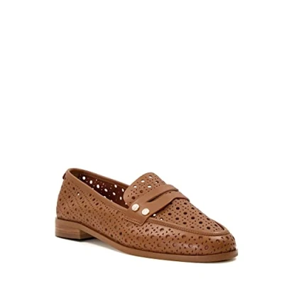 Image of Dune London Womens Ladies Glimmered Laser Cut Detail Penny Loafers Tan Leather (archived) Size UK 6