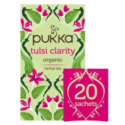 Image of Pukka Herbs Tulsi Clarity Organic Herbal Tea Green, Purple and Lemon Perfect For Focusing 20 Sachets