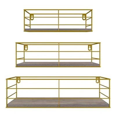 Image of EYMPEU Floating Shelves, Gold Wall Shelves Set of 3, Metal Wood Display Shelf, Home Decoration for Bedroom, Living Room, Office, Hallway or Kitchen