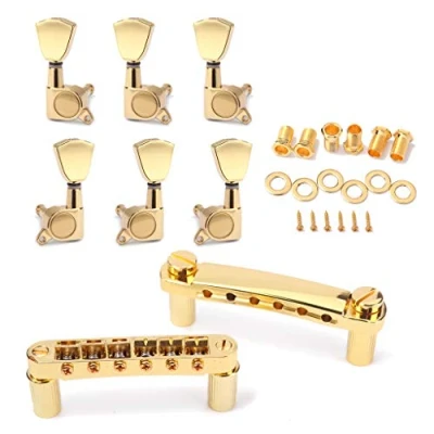 Image of Alnicov Guitar Bridge Locking Tune O Matic Tom And Tuning Pegs Tuner Machine Heads Musical Instrument Accessories,Gold
